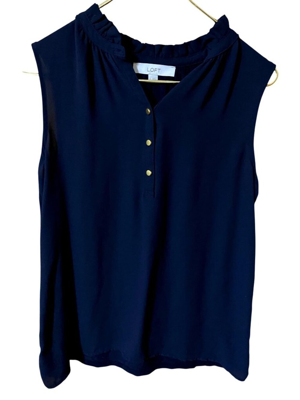LOFT Womens S Navy Blue Ruffle Neck Sleeveless Blouse Gold Button Preppy